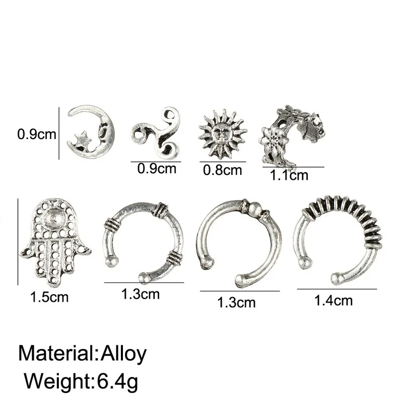 8Pcs/Set Boho Women Punk Earrings Leaf Earcuff Hamsa Ear Clip Earrings Without Piercing Vintage Kolczyki Metal Boucle D'Oreille