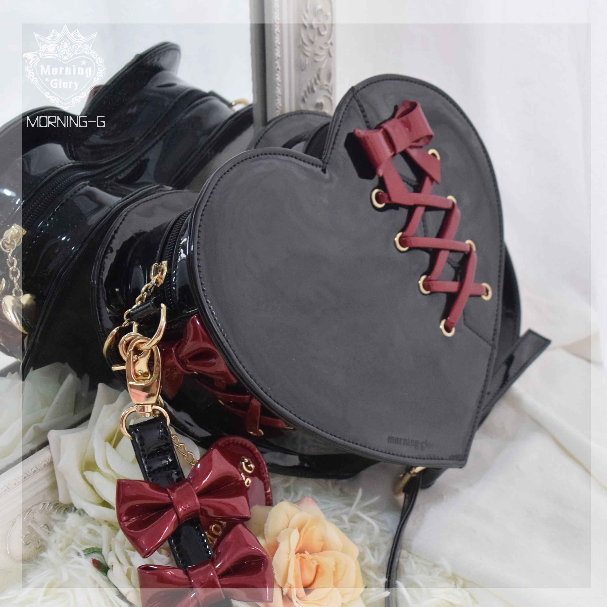 

Repair of love Retro Gothic Sweet Lolita Cute Bowknot Heart-shaped Messenger Bags Harajuku Mori Girl Pu Handbag Shoulder Bags