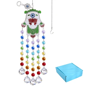 

H&D Chakra Crystal Ball Suncatcher Ornament With Hamsa Hand and Blue Evil Eye Protection Charm Rainbow Maker Collectible Gift