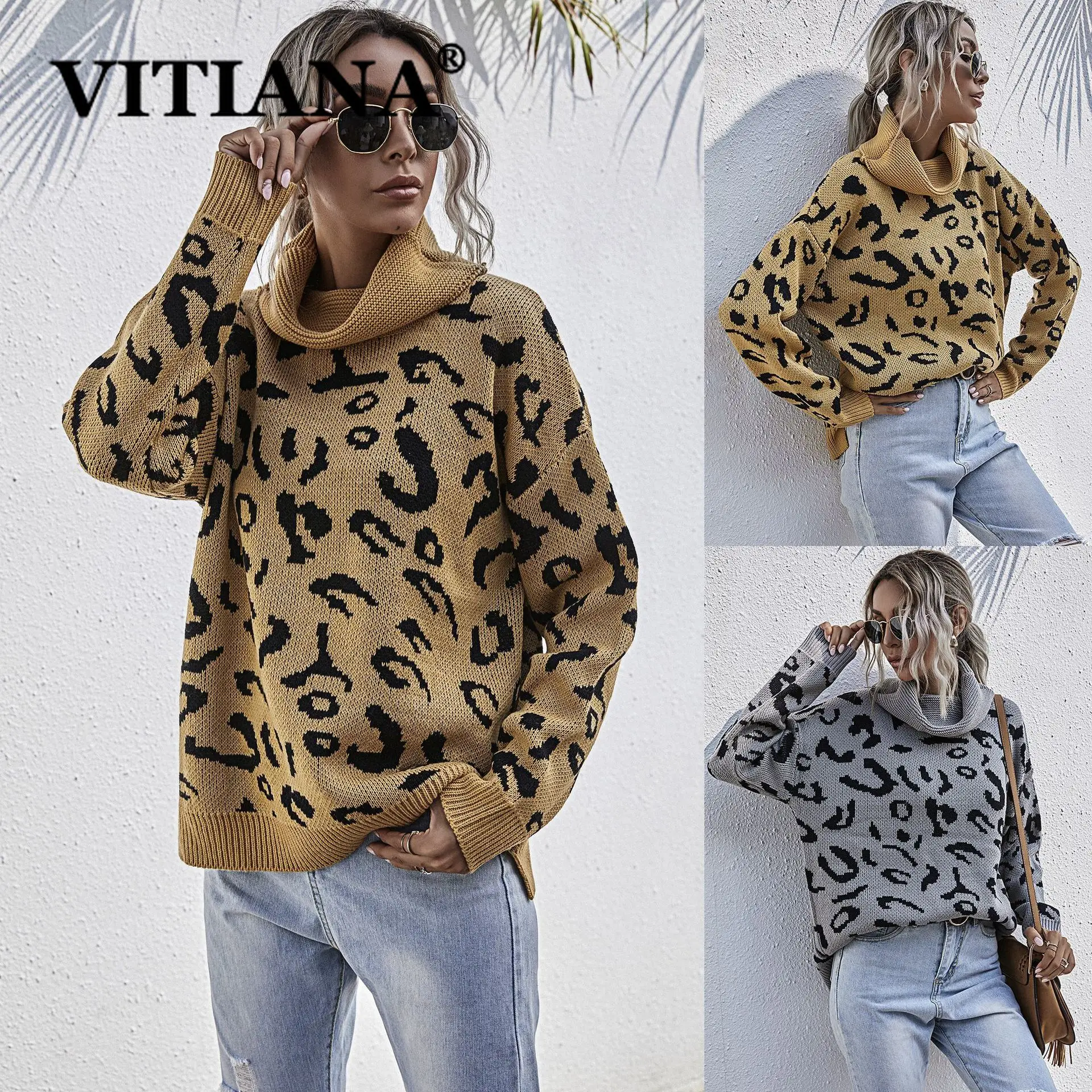 

VITIANA Women Leopard Knitted Sweater Autumn Winter Pullover Turtleneck 2020 Woman Long Sleeve Casual Pullovers Gray Sweaters