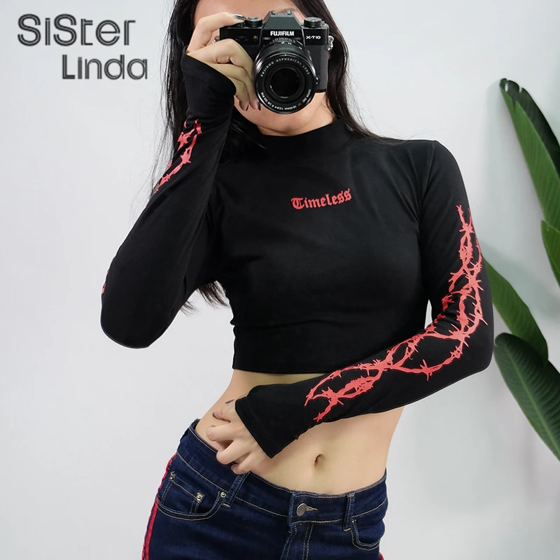 Sisterlinda, хлопок, с буквенным принтом, топ, женская футболка, футболка с длинным рукавом, молния, женская рубашка, эластичность, тройники, женская рубашка, топы