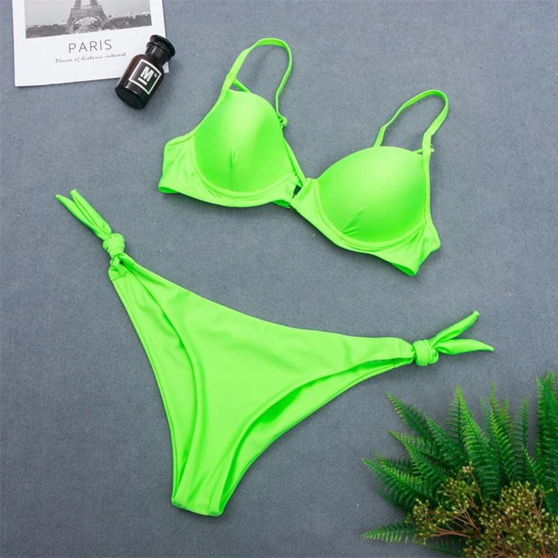 

Triangle Push Up Bikini Set Women Solid Green Bikinis Swimwear Bathing Suit Swimsuit Female String Bathers Summer Beach Wear