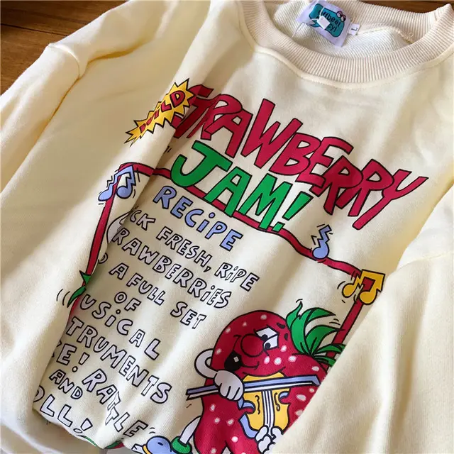 2021 New Harajuku Retro Top Strawberry Print Hoodie Women Loose Streetwear Sweatshirt American Retro Oversized Pullover