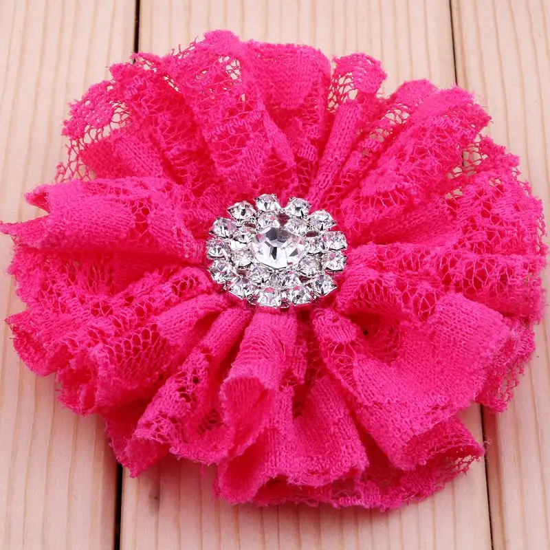 4PCS 7cm Shabby Lace Mesh Flower+Rhinestone Button For Kids Girls Hair Accessories Fabric Flowers For Headbands