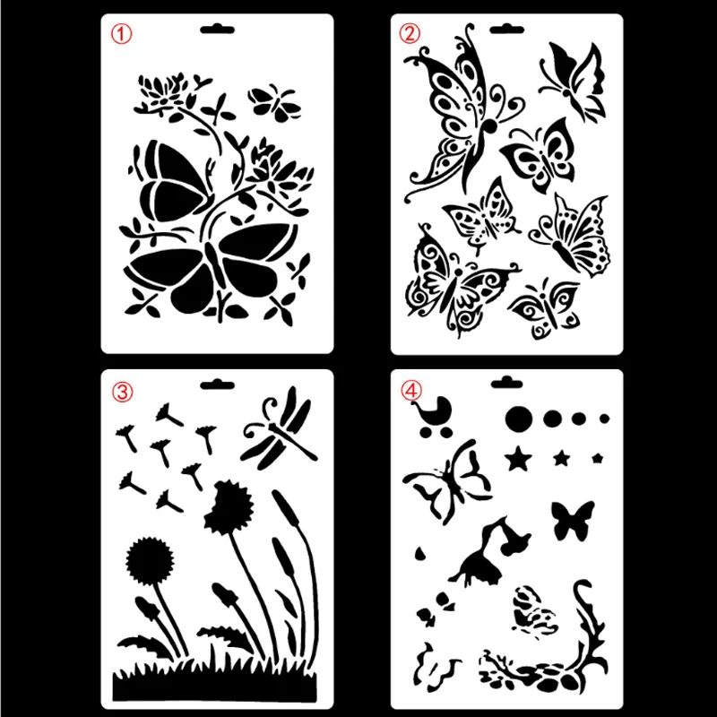 4pc stencils butterfly dandelion painting template diy decoration hollow mold scrapbook graffiti reusable office school supplies stencils aliexpress