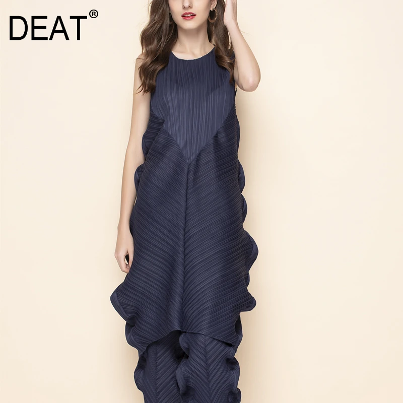 

DEAT Pleated Styles Summer Vintage Women's Dress Round Neck Sleeveless Pleated Loose Wide Pullover Dresses Female WG68905
