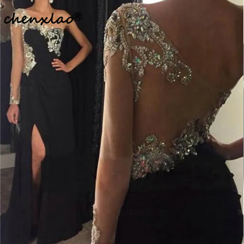 

Black Mermadi Evening Dresses Chiffon One-Shoulder High Split Crystal Hand-Beading Floor Lenth Evening Dress Long Vestidos