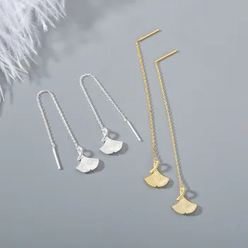 

925 Sterling Silver Gingko Leaf Ear Threads Earing Brincos Gold Color Plated Long Hanging Dangle Drop Earrings Jewelry for Women