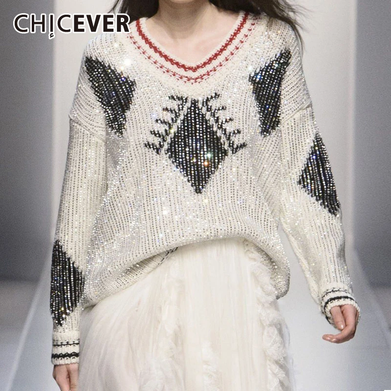 CHICEVER хит цвет Алмазный лоскутный джемпер свитер женский геометрический