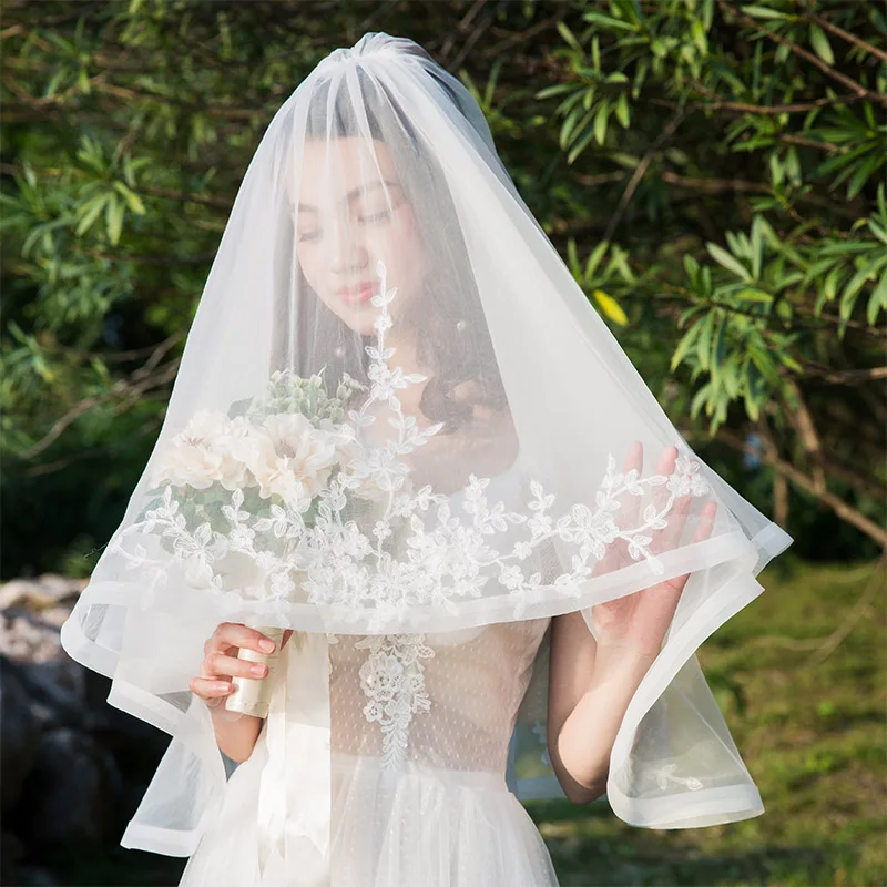 2T Short White Ivory Pearl Satin Edge Bridal Wedding Elbow Length Veil Comb 