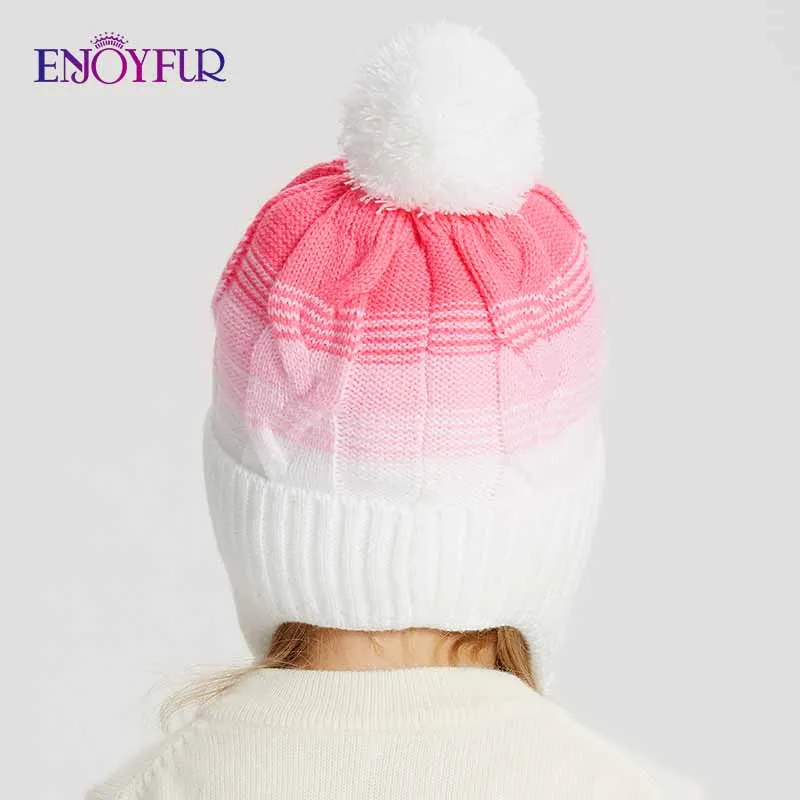 ENJOYFUR, зимние шапки с помпоном из лисьего меха для детей, плотные теплые хлопковые шапки с ушками для девочек, цветные детские шапочки в стиле пэчворк на осень