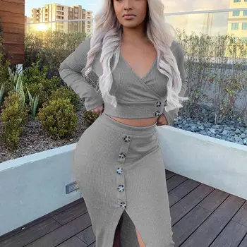 

Skirt Suit New Sexy Autumn Solid Color Long-sleeved V-neck Shirt High Waist Single-breasted Bag Hip Skirt Suit