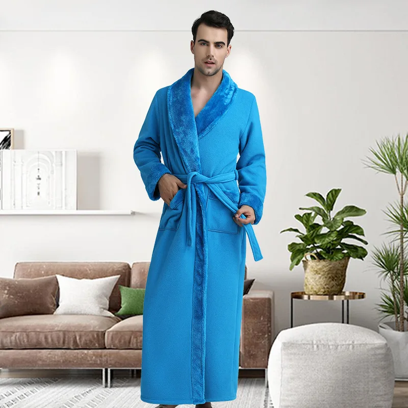 Фланелевый Халат для влюбленных размера плюс, удлиненный теплый Халат с капюшоном для мужчин и женщин, плотное зимнее кимоно, банный халат, мужской халат, халаты - Цвет: men sky blue