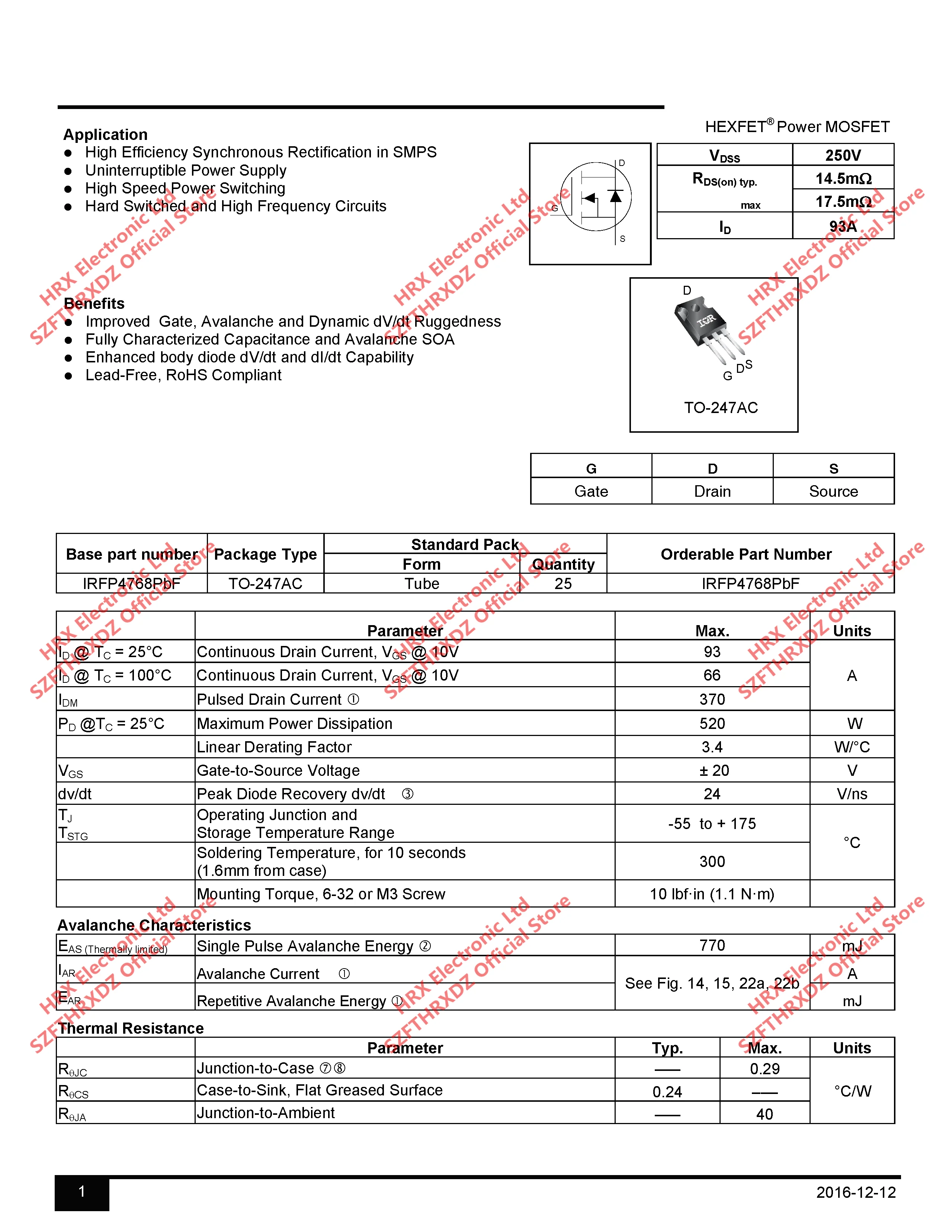 IRFP4768PBF TO-247 IRFP4768 TO247 MOSFET MOSFT 250V 93A 21mOhm 195nC Qg 25 шт/трубка(25 шт