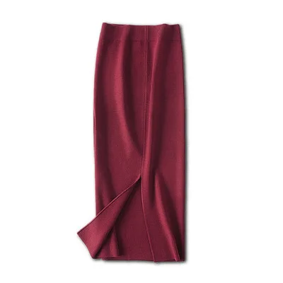 wine red Новые осенние корейские Сплит Длинные вязаные юбки зимние женские Модные женские черная длинная юбка femme jupe теплые Облегающие юбки - Цвет: wine red