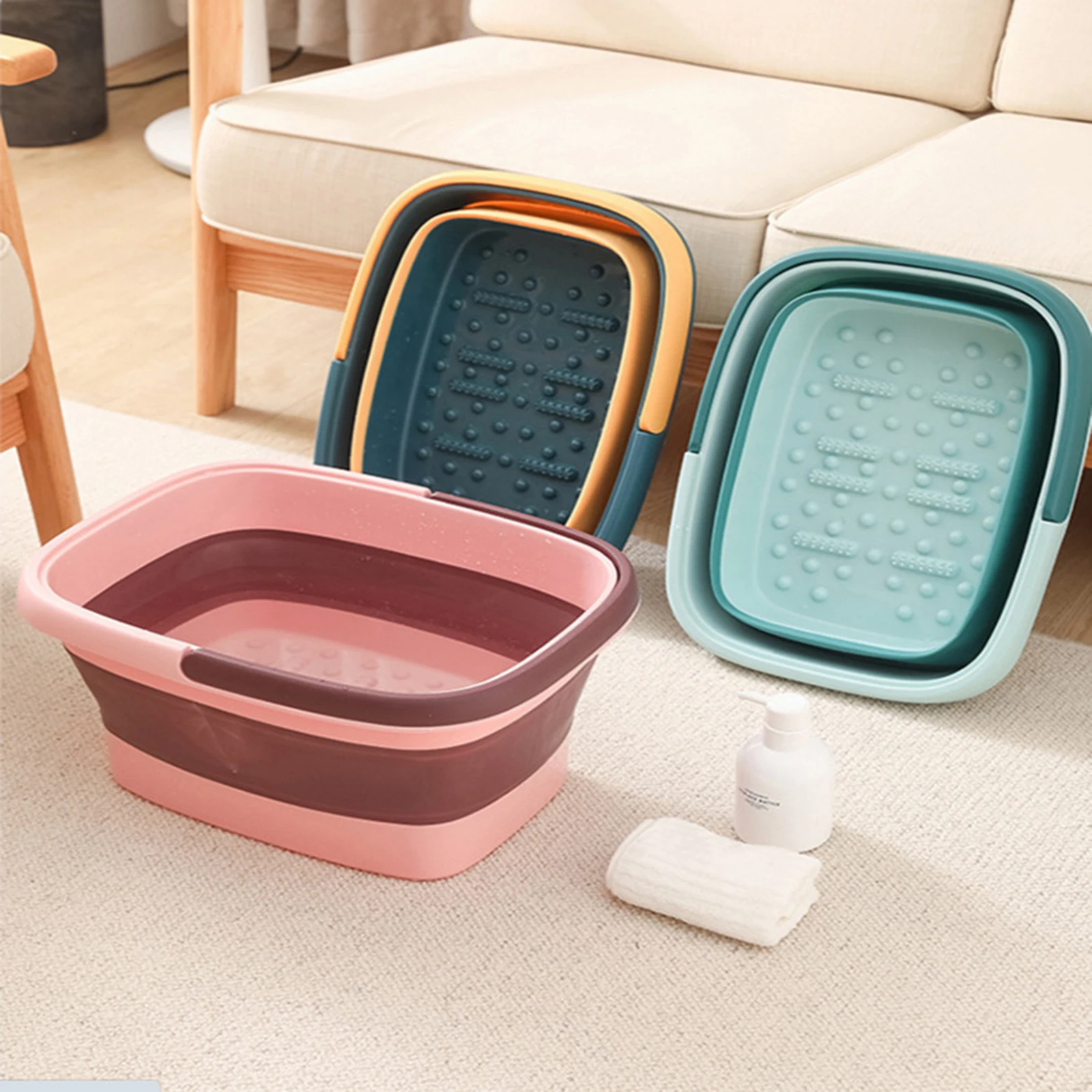 Folding Wash Basin Plastic Foldable Footbath With Handle Color Block