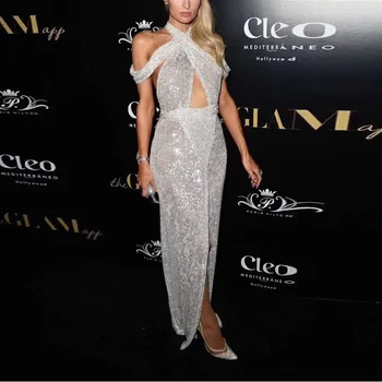 

Women Elegant Silver Off Shoulder Maxi Vestido Fashion Sequined Turtleneck Sexy Split Slim Celebrity Evening Party Dresses 2019