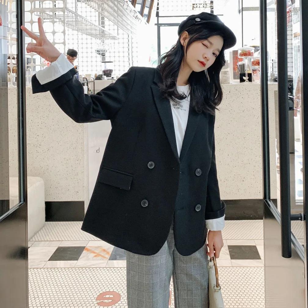 

Photo Shoot Korean-Style CHIC Elegant Ol Gray Stripes Slit-Mid-length Loose-Fit Double Breasted Small Suit Coat Women's