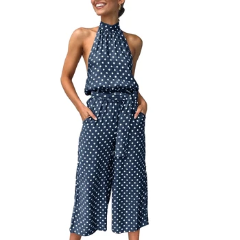 

Womens Exposed Back Wave Point Lace-up Button Pockets Jumpsuit Elegant Casual Wide Leg Playsuits JL