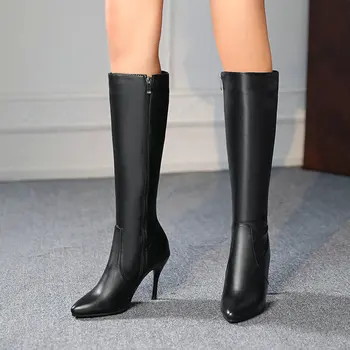 

2021 Thin Heel Knee High Boots Autumn Winter Pointed Toe Side Zipper Women Shoes PU Leather Stretch Long Boots Size 34-43