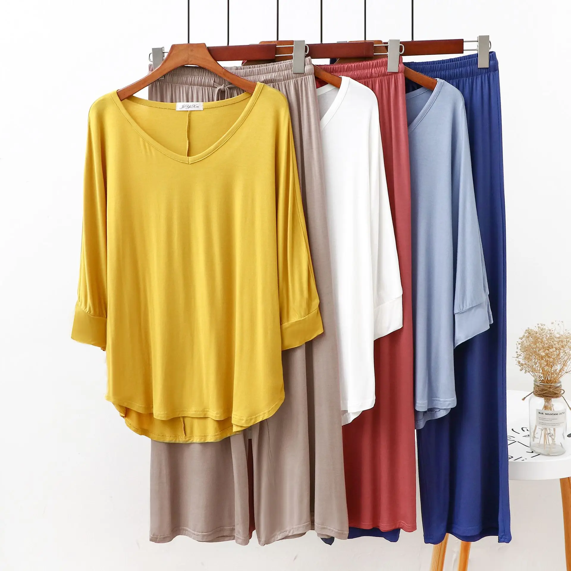 2 pieces set Buttflap Pajamas suit bat sleeve cotton v-neck elastic waist wide leg pants trousers soft home wear women pajamas set,women pajama suit,cotton pajamas set