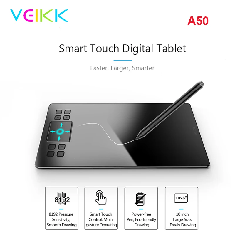 

Original VEIKK A50 Digital Tablet Drawing Panel 10Inch 0.9cm Ultra-Thin 8192 Pressure Sensitivity 5080LPI Resolution With Type-C