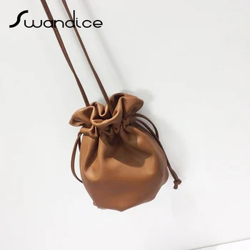 

Real Genuine Leather Pouches Drawstring Mini Soft Cloud Wrinkle Crossbody Messenger Shoulder Bucket Bags Women Female Handbags