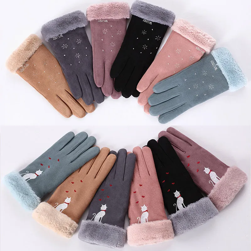 New Winter Female Lace Warm Cashmere Three Ribs Cute Mittens Double Thick Plush Wrist Women Touch Screen Driving Gloves