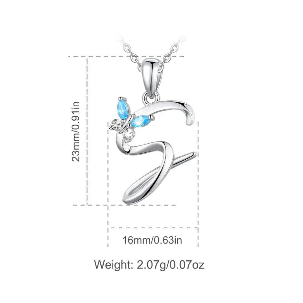 925 Sterling Silver Letter S Pendant Initial A Alphabet 8 Letters Necklace with blue crystal butterfly Jewelry CYD109-2