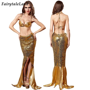 

Mermaid Costume Sequins Fancy Dress Golden Princess Sexy Carnival Halloween Skirt with Fish Tail Adult Women long Dress