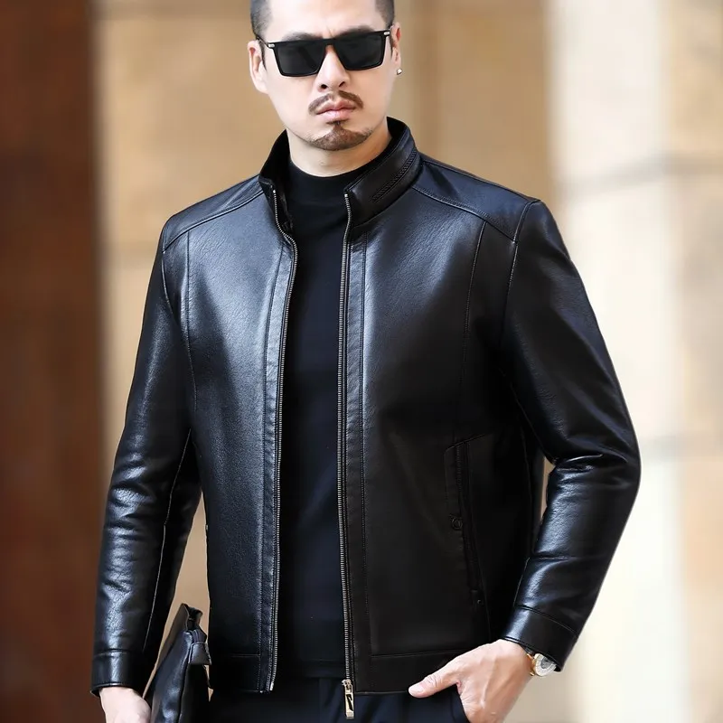 Leather Jacket Men's Stand-up Collar 22 Years New Business Casual Fur One-piece Super Soft SE Plush Liner Warm | Мужская одежда
