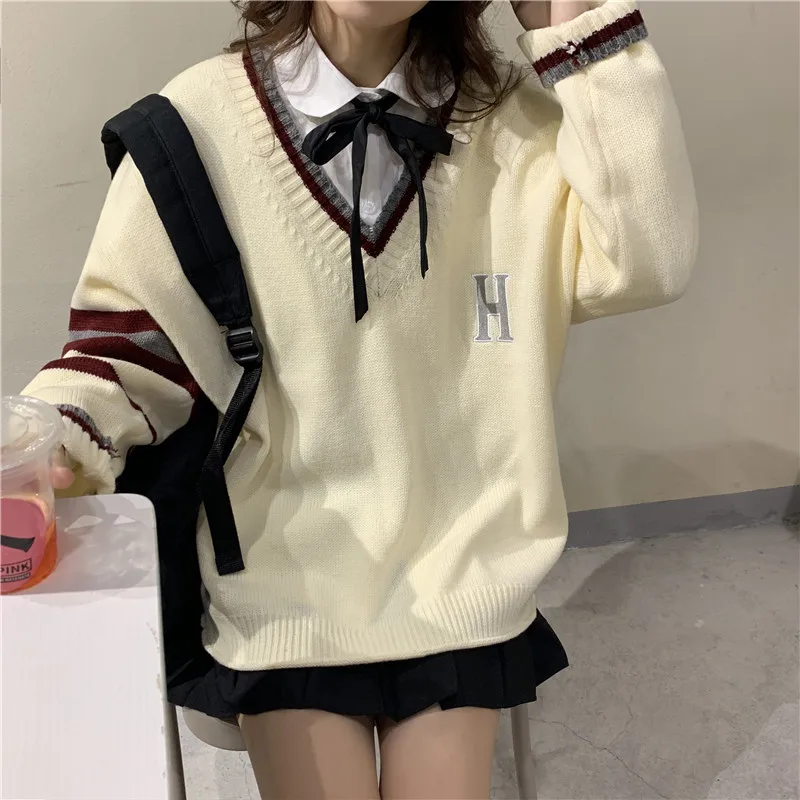 christmas sweatshirt Japanese Sweet Preppy Style Peter Pan Collar Sweater Women Sweet Kawaii V-Neck Letter Embroidery Knitting Sweater Cute Pullovers oversized sweaters Sweaters