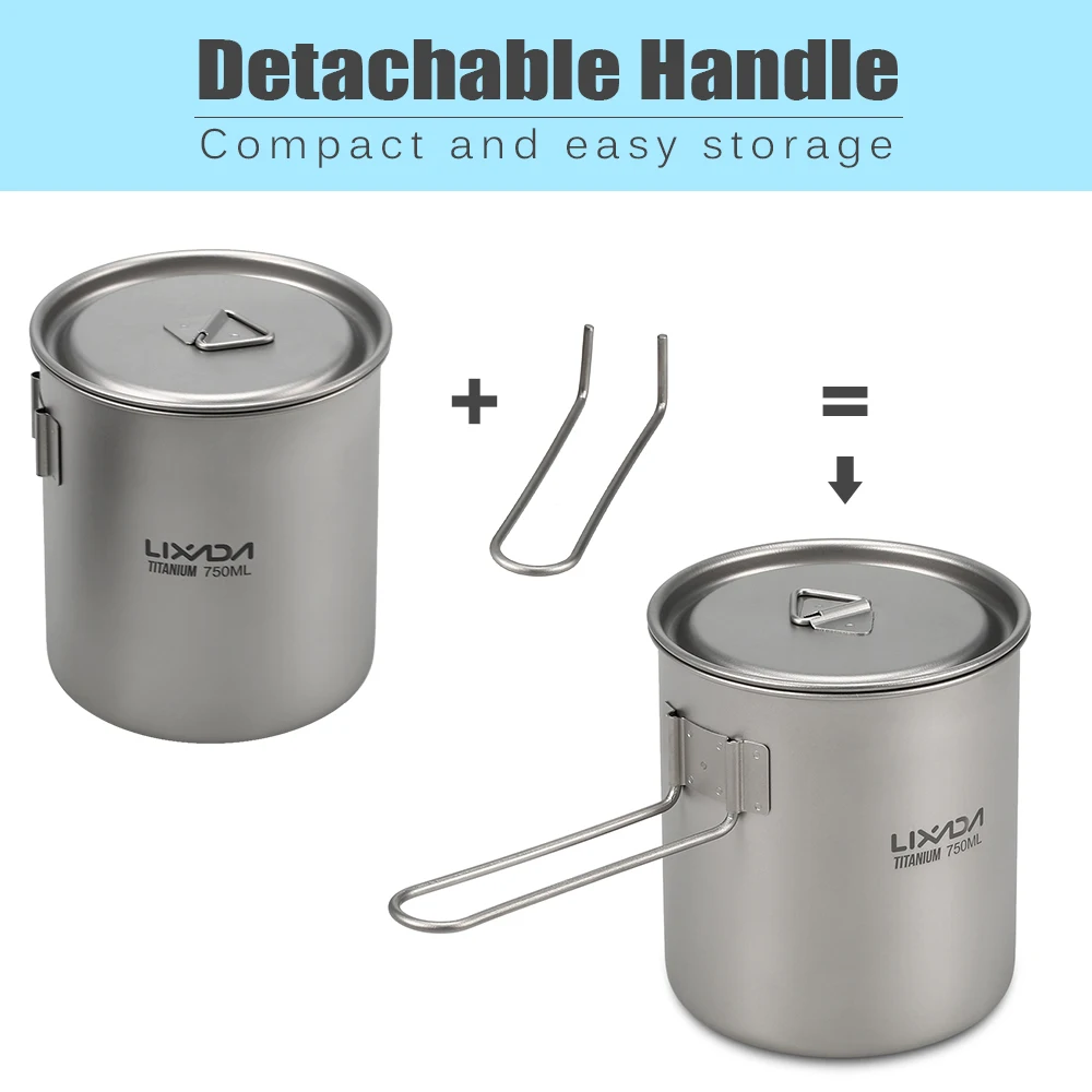 

Lixada 750ml/500ml Titanium Pot Tableware Cookware Camping Stove Outdoor Picnic Camping Pot Water Cup With Detachable Handle