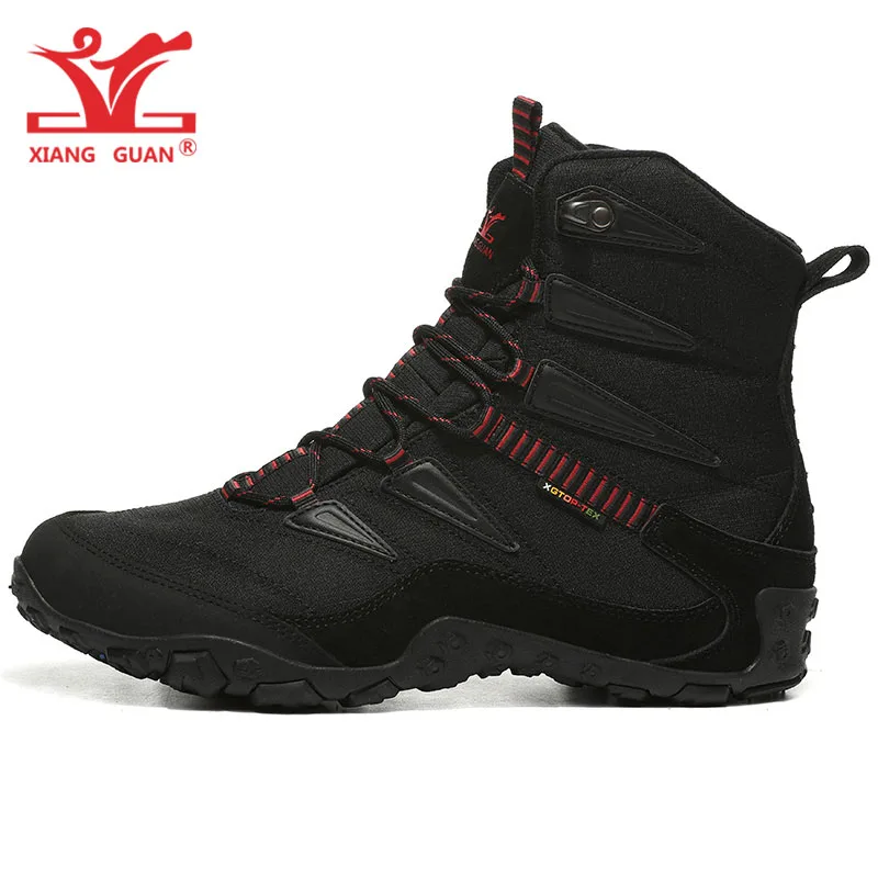 XIANG GUAN Man Hiking Shoes Men Waterproof Plush Warm High Top Climbing Mountain Tactical Boots Outdoor Sports Trekking Sneakers - Цвет: 86885 Plush BlackRed