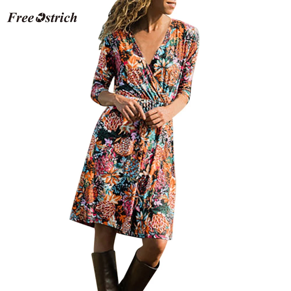 

Free Ostrich Women spring autumn Casual Printing Long Sleeve Loose Pencil Midi Dress Women Evening Party Dress Sundress 908