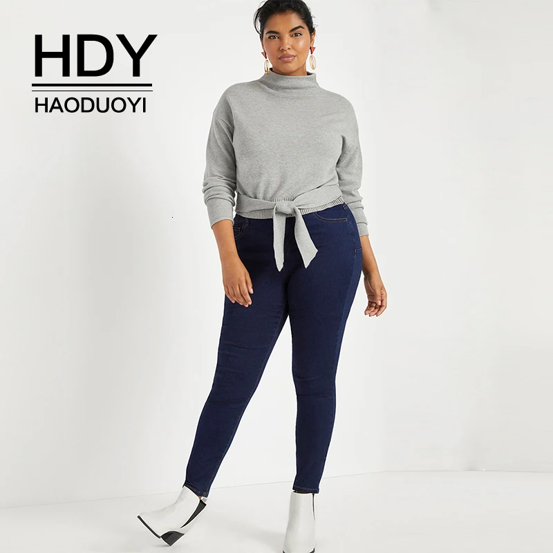 HDY Haoduoyi Autumn Fashion Casual Plus Size Woman Clothes Solid Color Stand Collar Loose Tie Knit Long Sleeve Pullover Sweater | Женская