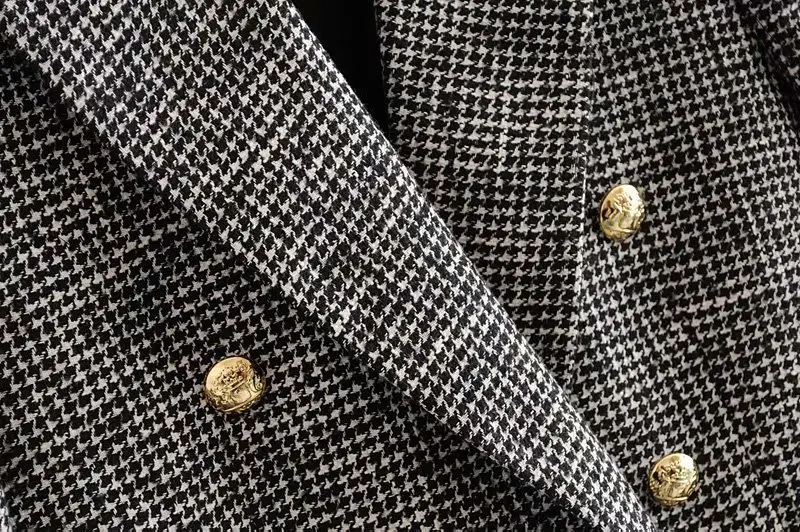 Autumn Winter Vintage Plaid Tweed Blazers Women Gold Button Doulbe Breasted Jacket Coat Female Outwear Office Lady Blazer Mujer