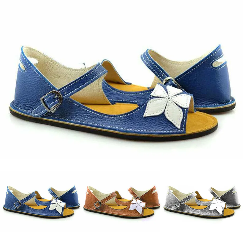 

Women Flower print shoes Sandals Split Leather Summer Shoes Hollow out Flat Sandals Ladies Casual Soft bottom Female shoe