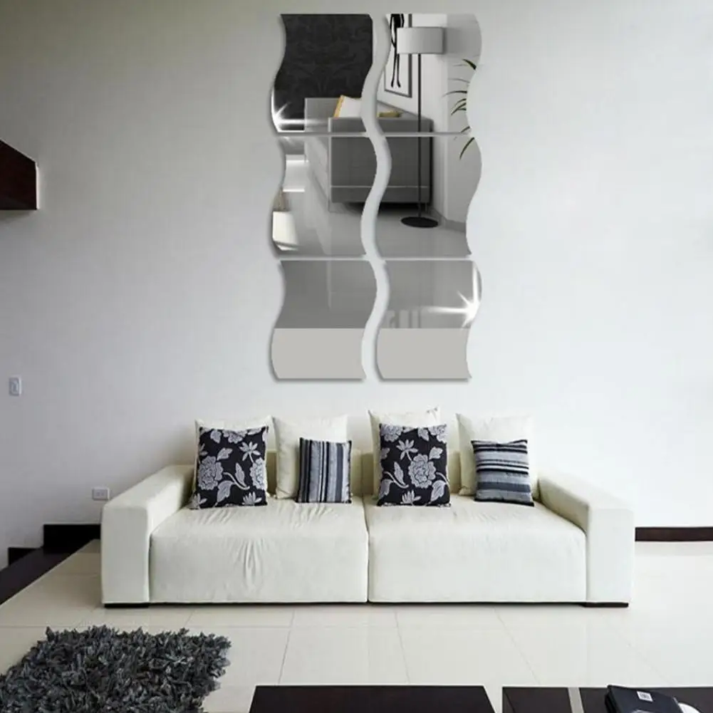 6Pcs/set 3D DIY Mirror Wall Sticker Wave Acrylic Mural Decal Removable Stickers Living room Decoration Wall Decal Art Home Decor
