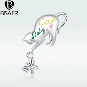 

BISAER 2020 925 Sterling Silver Naughty Cat Charm Cute Animals Fit Original Silver Bracelets Pendant Jewelry Making GXC1678