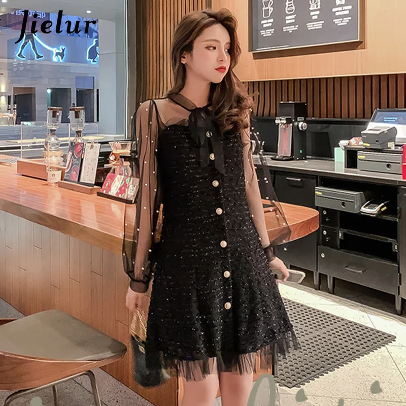 Jielur Сетчатое платье элегантное с длинным рукавом на пуговицах Осень-зима новинка модное женское корейское черное тонкое Vestidos сексуальные вечерние