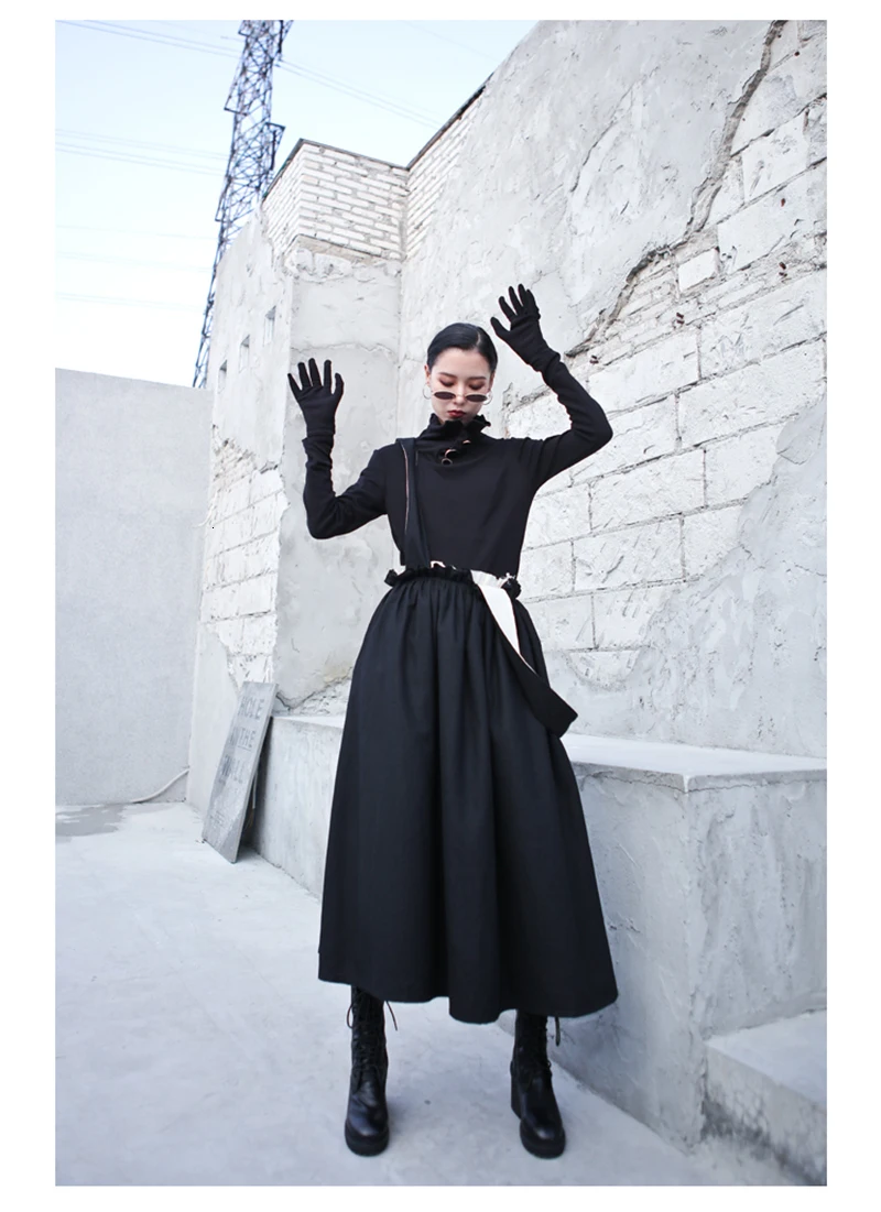 [EAM] высокая эластичная талия, черная юбка с оборками, без бретелек, женская мода, новинка, весна-осень, 1M686