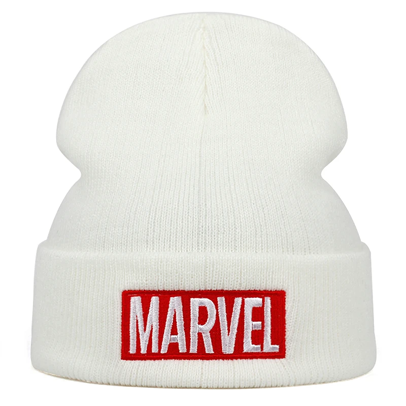 Новинка, головной убор с вышивкой MARVEL, шапка на осень и зиму, модные теплые шерстяные шапки для мужчин и женщин, универсальная крышка, шапки для холодной погоды - Цвет: Белый