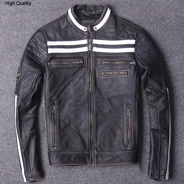 

Men's Genuine Leather Motorcycle Jacket Slim Fit Stand Collar Cowhide Short Clothing White stripes Biker Coat Winter
