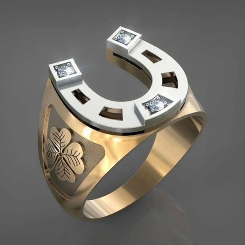 Wedding Ring Trendy Gold Colors Horseshoe U-shaped Creative Vintage Men Luxury Crystal Four Leaf Clover