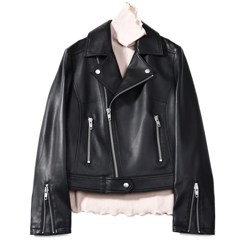 2022 New Fashion Real Leather Jacket Turn-down Collar Loose Casual Outerwear Patchwork Leather Coat bubble coat women