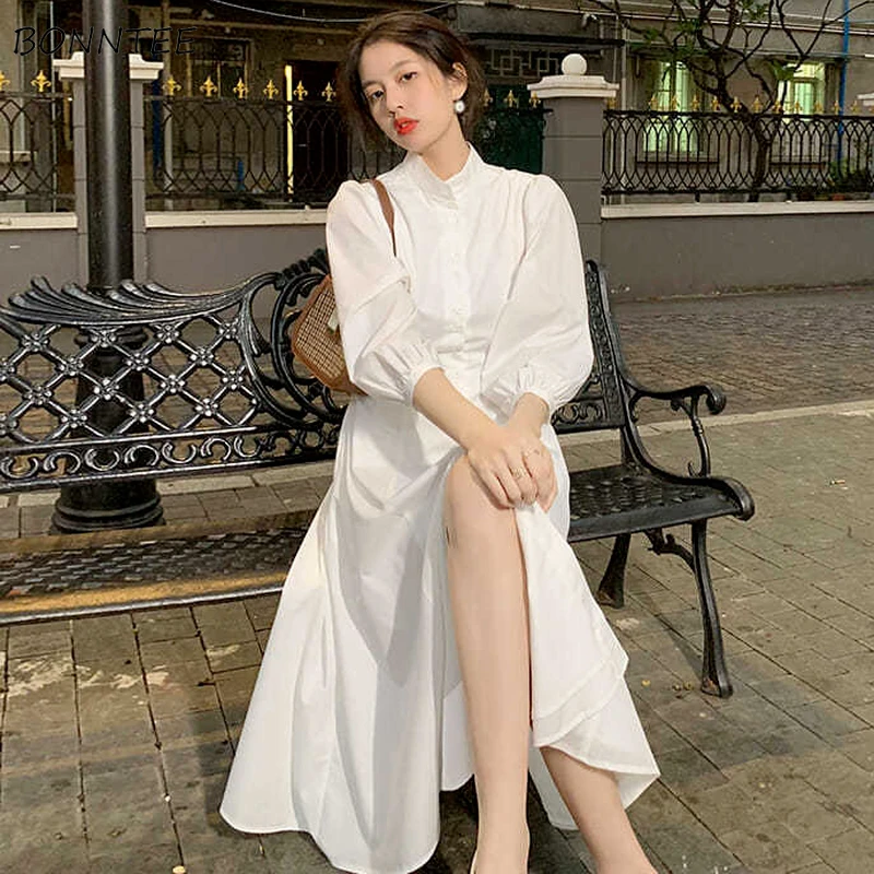 White Dress Women Summer New Design Midi Retro Streetwear A-line Lantern Sleeve Casual Single Breasted Temperament Classy Ladies fancy dress