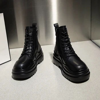 

Women's genuine leather thick sole platform flat lace-up motorcycle boots tound toe casual soft comfortable short booties shoes