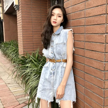 

Harajuku Ripped Denim Playsuit Women Hollow Out Holes Bodycon Jumpsuit Short Chic Overalls Sleeveless Summer Jean Rompers KZ17