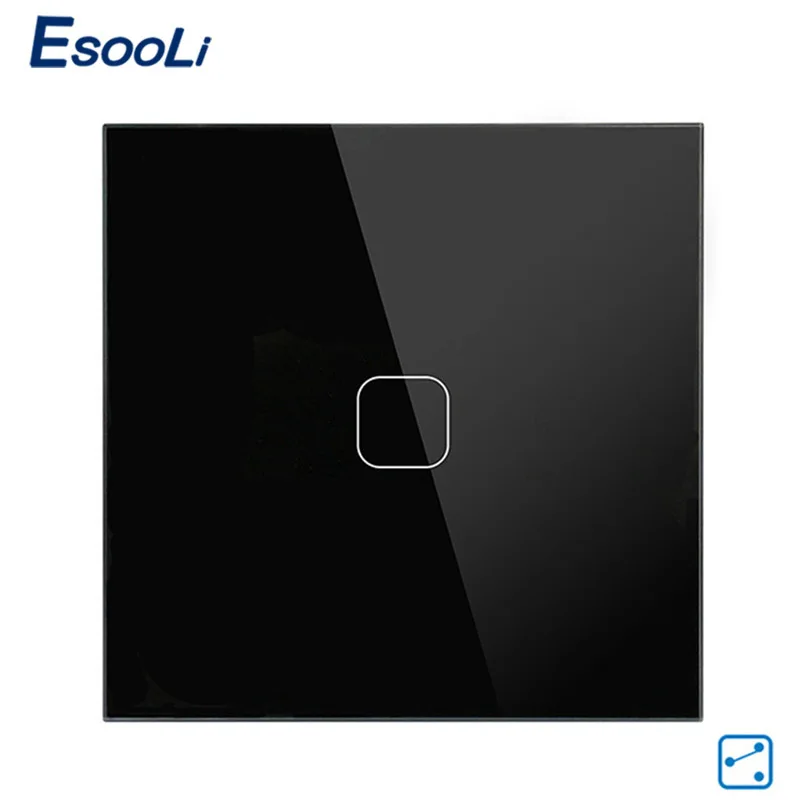 1 Gang 2 Way Black Esooli ЕС стандартный настенный сенсорный выключатель 1/2 банды 2 способ управления сенсорный экран переключатель, Хрустальная стеклянная панель, 220-250 В - Цвет: 1 Gang 2 Way Black